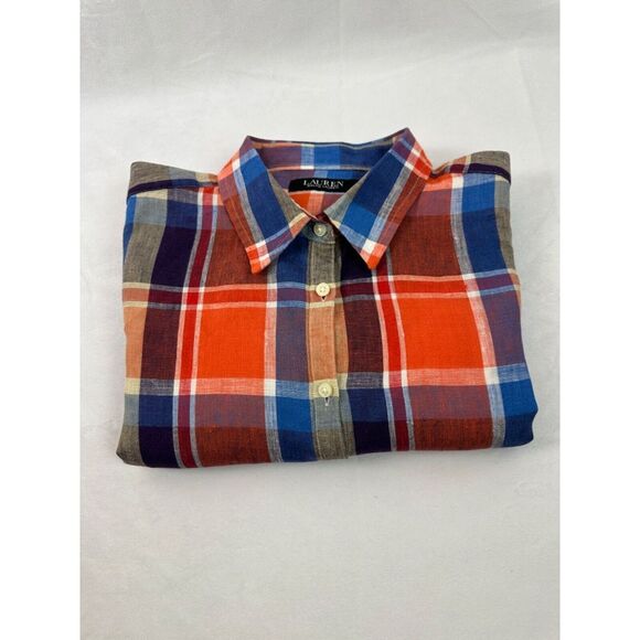 Lauren Ralph Lauren Women's Wide Cropped Gingham Linen Shirt LG - Picture 6 of 6